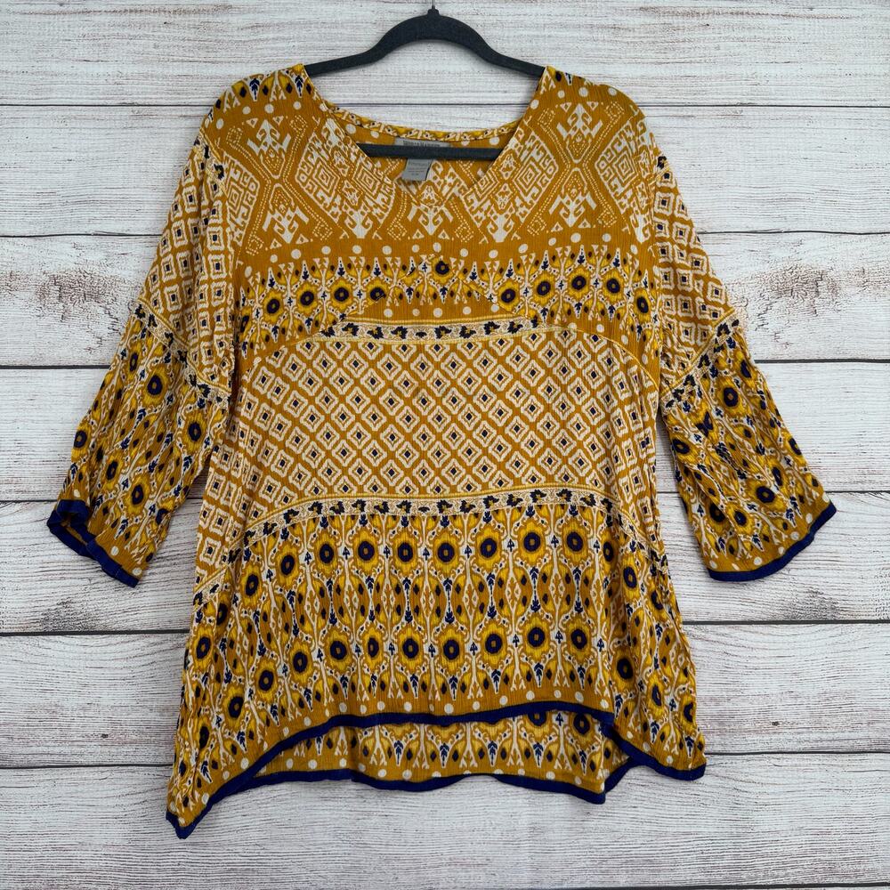World‎ Market BOHO Crepe Blouse Womens S/M Gold Blue Short Sleeve